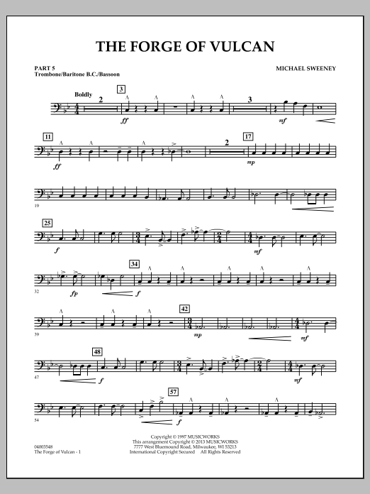 Learn to play Michael Sweeney The Forge of Vulcan - Pt.5 - Trombone/Bar. B.C./Bsn. sheet music for Concert Band in minutes. Michael Sweeney The Forge of Vulcan - Pt.5 - Trombone/Bar. B.C./Bsn. sheet music notes and chords