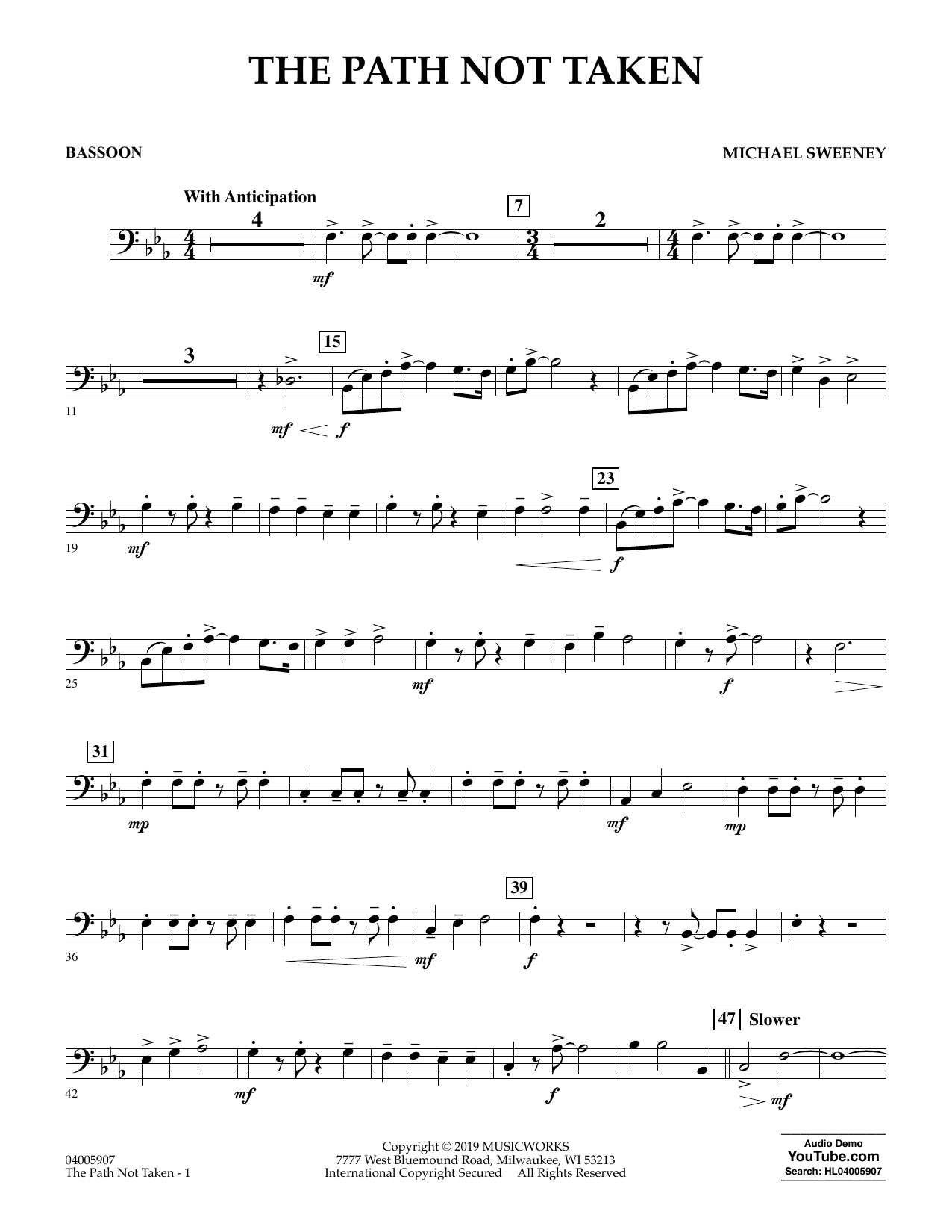 Michael Sweeney The Path Not Taken - Bassoon sheet music preview music notes and score for Concert Band including 2 page(s)