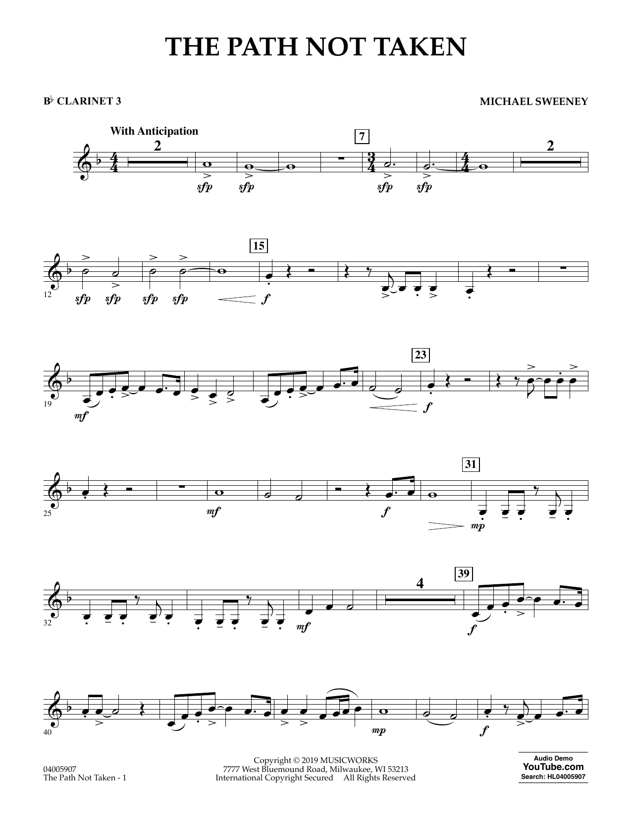 Michael Sweeney The Path Not Taken - Bb Clarinet 3 sheet music preview music notes and score for Concert Band including 2 page(s)