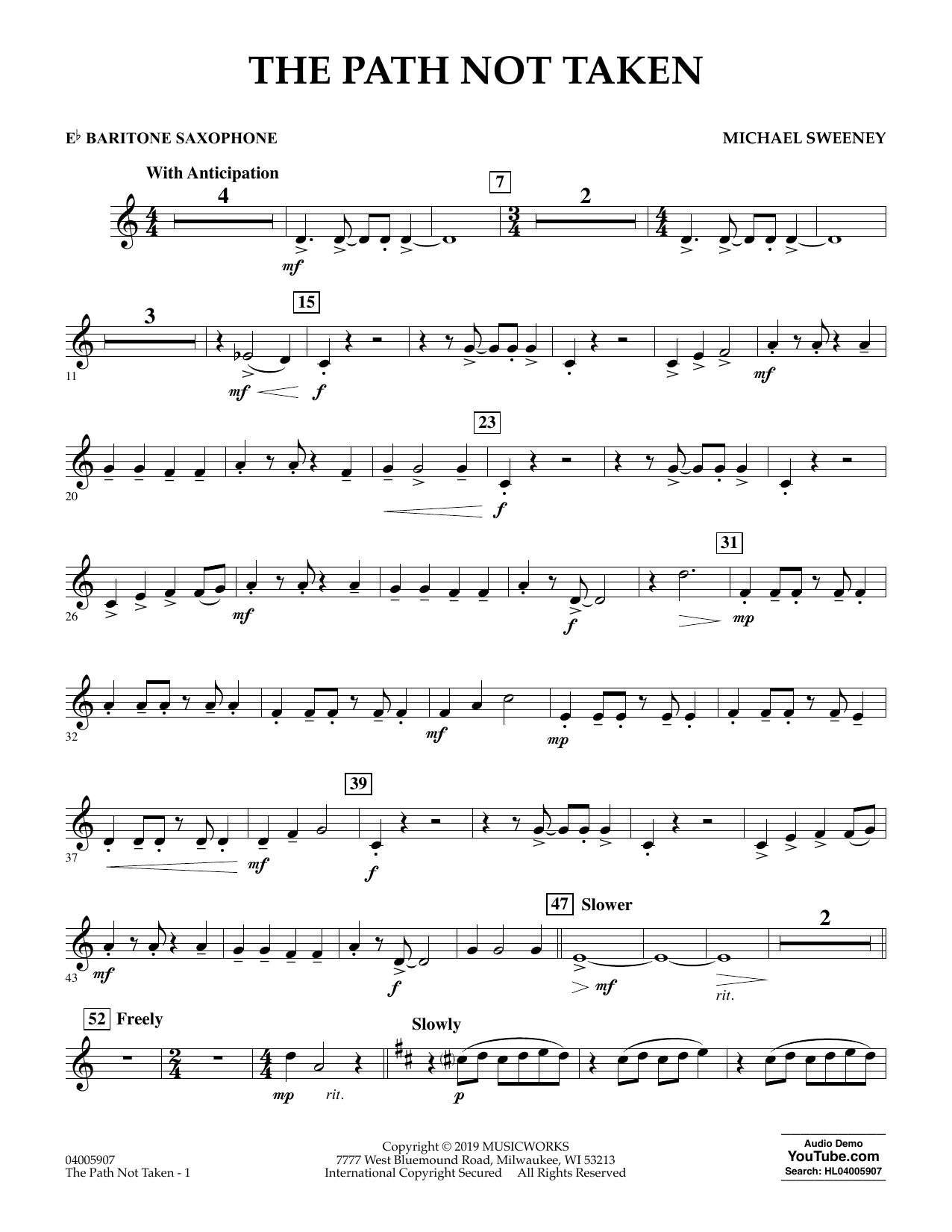 Michael Sweeney The Path Not Taken - Eb Baritone Saxophone sheet music preview music notes and score for Concert Band including 2 page(s)