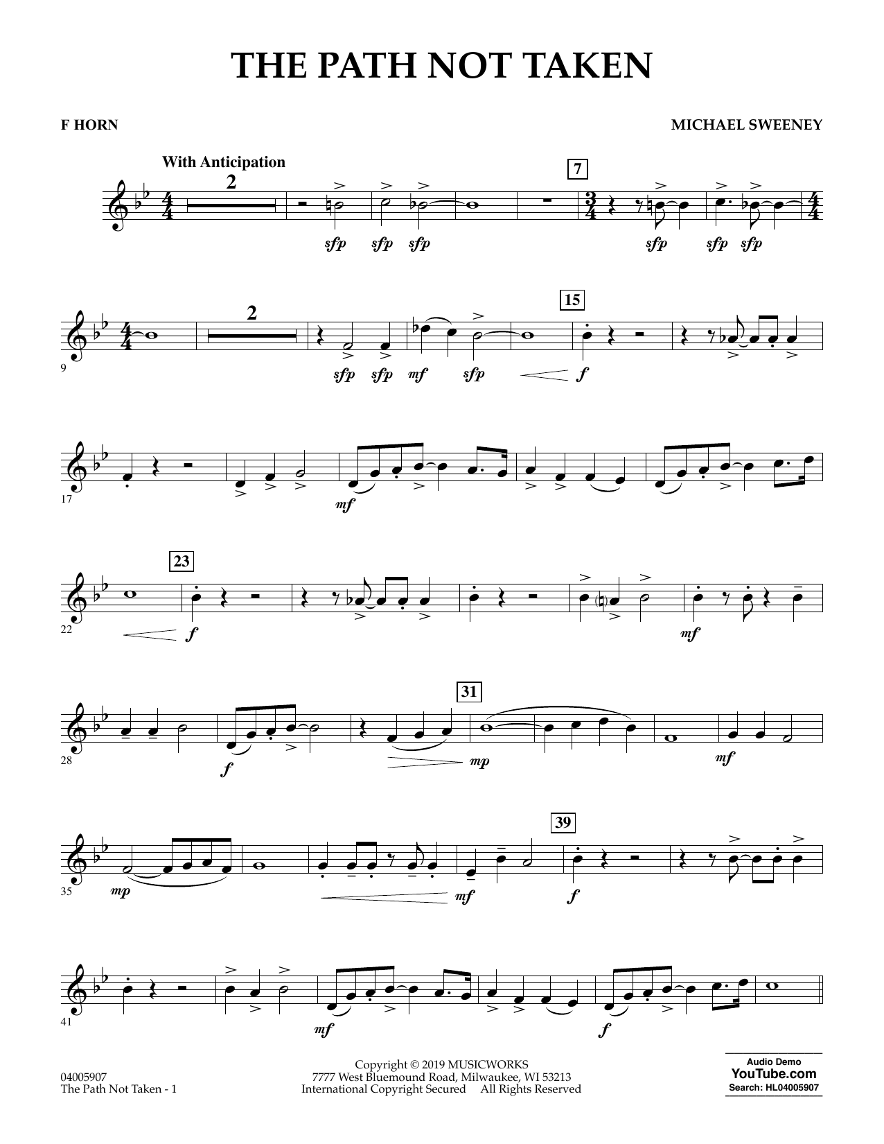 Michael Sweeney The Path Not Taken - F Horn sheet music preview music notes and score for Concert Band including 2 page(s)