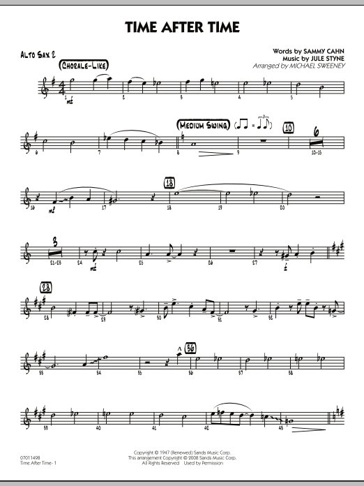 Learn to play Michael Sweeney Time After Time - Alto Sax 2 sheet music for Jazz Ensemble in minutes. Michael Sweeney Time After Time - Alto Sax 2 sheet music preview music notes and score for Jazz Ensemble including 2 page(s)