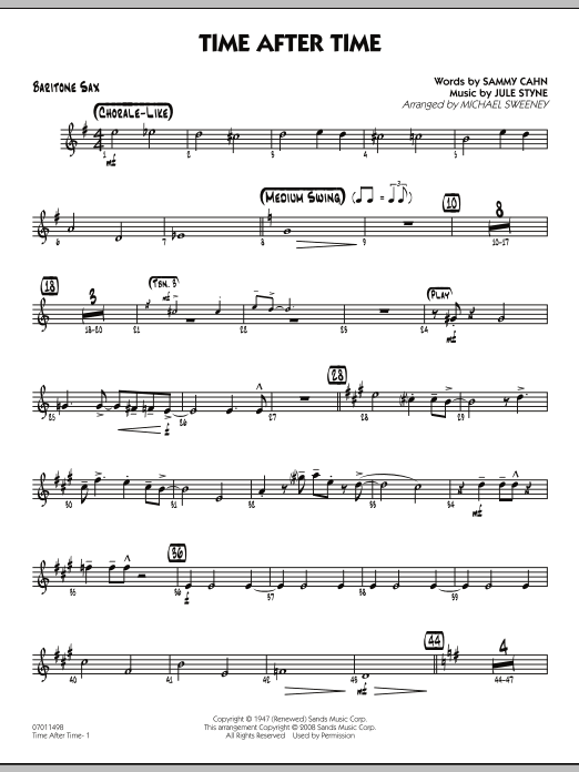Learn to play Michael Sweeney Time After Time - Baritone Sax sheet music for Jazz Ensemble in minutes. Michael Sweeney Time After Time - Baritone Sax sheet music preview music notes and score for Jazz Ensemble including 2 page(s)