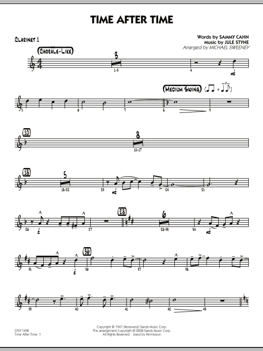 Learn to play Michael Sweeney Time After Time - Bb Clarinet 1 sheet music for Jazz Ensemble in minutes. Michael Sweeney Time After Time - Bb Clarinet 1 sheet music preview music notes and score for Jazz Ensemble including 2 page(s)