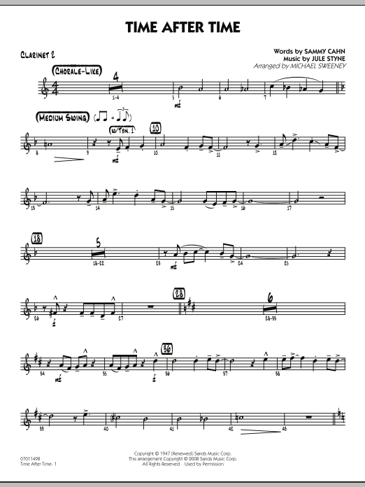 Learn to play Michael Sweeney Time After Time - Bb Clarinet 2 sheet music for Jazz Ensemble in minutes. Michael Sweeney Time After Time - Bb Clarinet 2 sheet music preview music notes and score for Jazz Ensemble including 2 page(s)