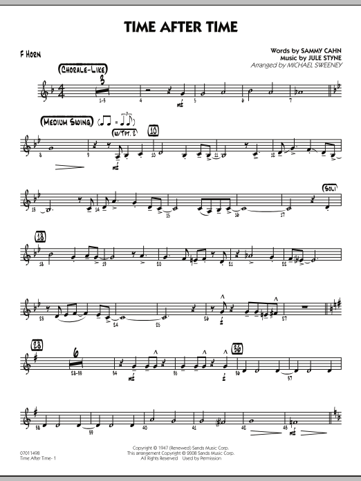 Learn to play Michael Sweeney Time After Time - F Horn sheet music for Jazz Ensemble in minutes. Michael Sweeney Time After Time - F Horn sheet music preview music notes and score for Jazz Ensemble including 2 page(s)