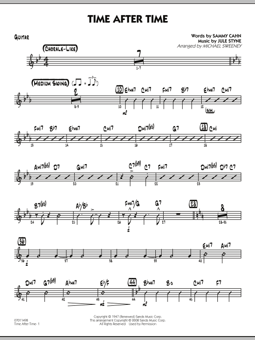 Learn to play Michael Sweeney Time After Time - Guitar sheet music for Jazz Ensemble in minutes. Michael Sweeney Time After Time - Guitar sheet music preview music notes and score for Jazz Ensemble including 2 page(s)