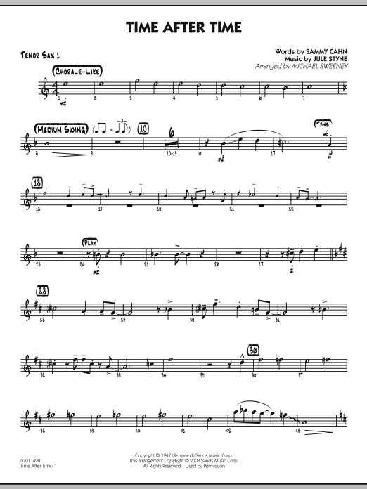Learn to play Michael Sweeney Time After Time - Tenor Sax 1 sheet music for Jazz Ensemble in minutes. Michael Sweeney Time After Time - Tenor Sax 1 sheet music preview music notes and score for Jazz Ensemble including 2 page(s)