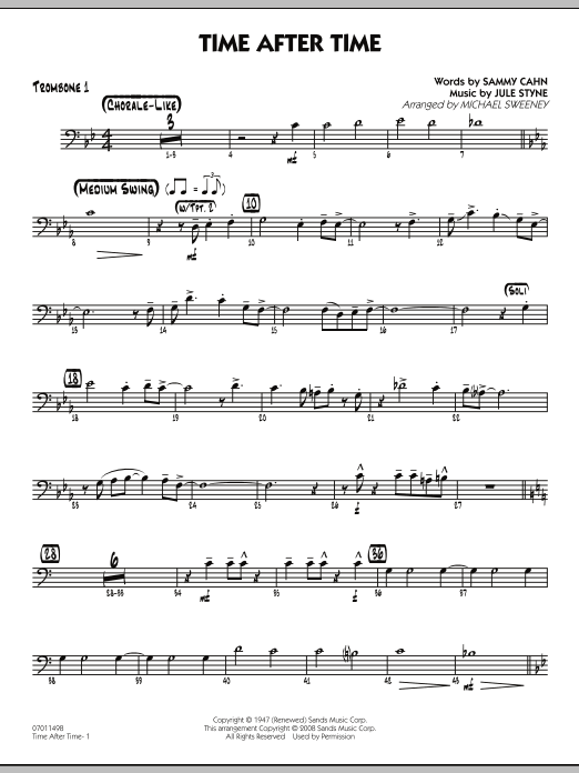 Learn to play Michael Sweeney Time After Time - Trombone 1 sheet music for Jazz Ensemble in minutes. Michael Sweeney Time After Time - Trombone 1 sheet music preview music notes and score for Jazz Ensemble including 2 page(s)
