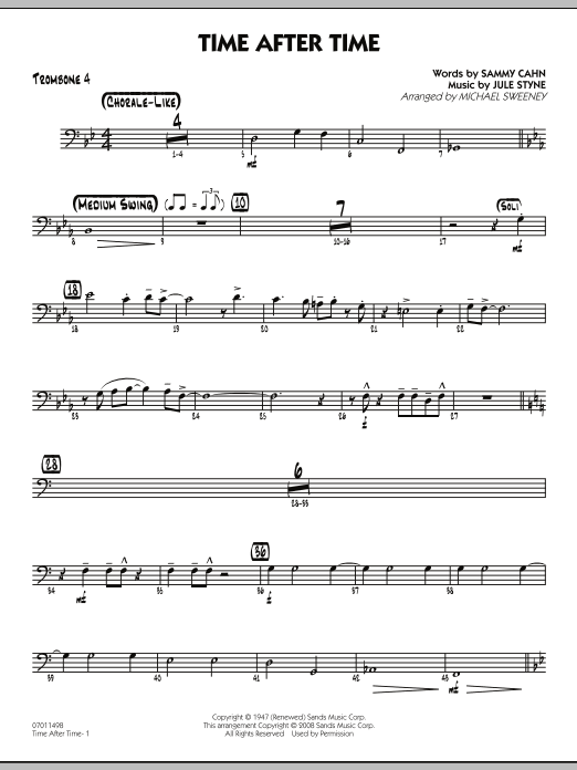 Learn to play Michael Sweeney Time After Time - Trombone 4 sheet music for Jazz Ensemble in minutes. Michael Sweeney Time After Time - Trombone 4 sheet music preview music notes and score for Jazz Ensemble including 2 page(s)
