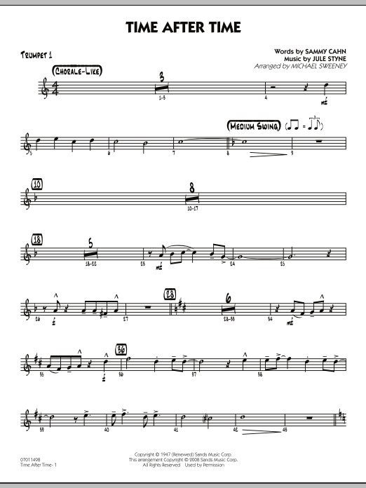 Learn to play Michael Sweeney Time After Time - Trumpet 1 sheet music for Jazz Ensemble in minutes. Michael Sweeney Time After Time - Trumpet 1 sheet music preview music notes and score for Jazz Ensemble including 2 page(s)