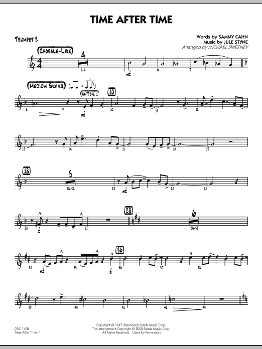 Learn to play Michael Sweeney Time After Time - Trumpet 2 sheet music for Jazz Ensemble in minutes. Michael Sweeney Time After Time - Trumpet 2 sheet music preview music notes and score for Jazz Ensemble including 2 page(s)