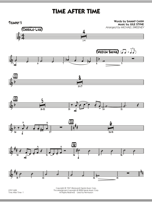 Learn to play Michael Sweeney Time After Time - Trumpet 3 sheet music for Jazz Ensemble in minutes. Michael Sweeney Time After Time - Trumpet 3 sheet music preview music notes and score for Jazz Ensemble including 2 page(s)