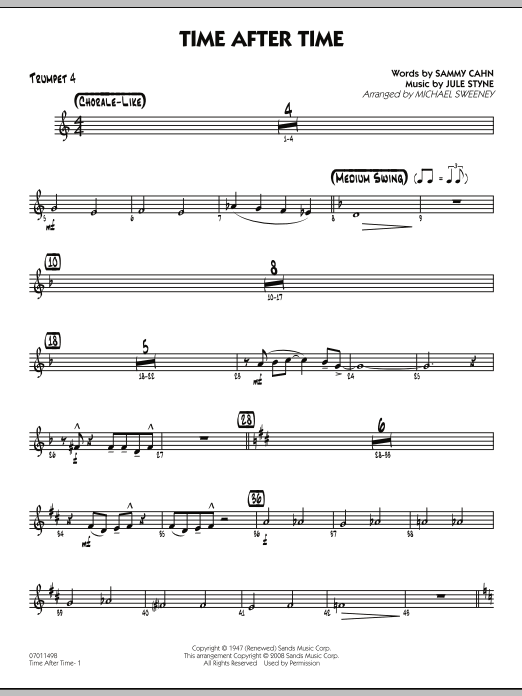 Learn to play Michael Sweeney Time After Time - Trumpet 4 sheet music for Jazz Ensemble in minutes. Michael Sweeney Time After Time - Trumpet 4 sheet music preview music notes and score for Jazz Ensemble including 2 page(s)