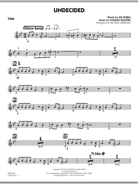 Learn to play Michael Sweeney Undecided - Vibes sheet music for Jazz Ensemble in minutes. Michael Sweeney Undecided - Vibes sheet music preview music notes and score for Jazz Ensemble including 2 page(s)