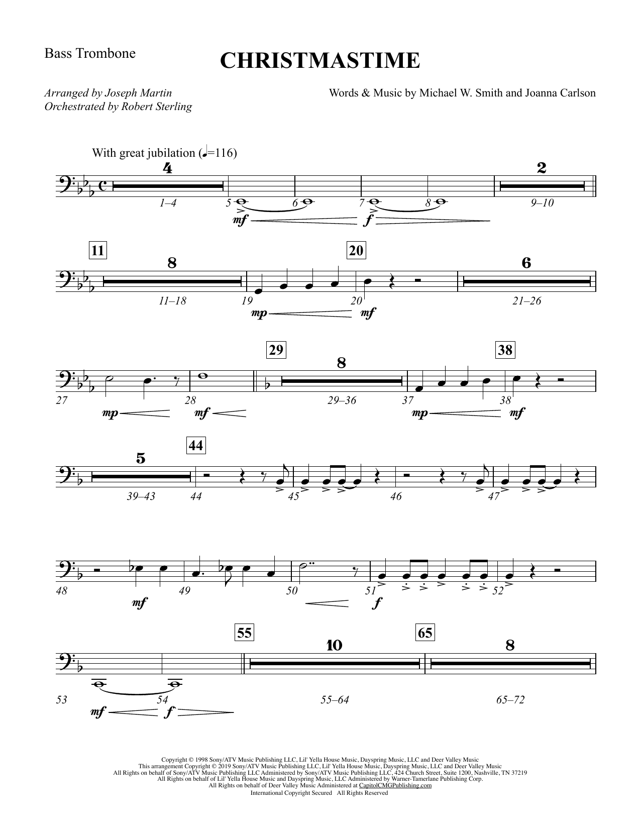 Michael W. Smith & Joanna Carlson Christmastime (arr. Joseph M. Martin) - Bass Trombone sheet music preview music notes and score for Choir Instrumental Pak including 2 page(s)