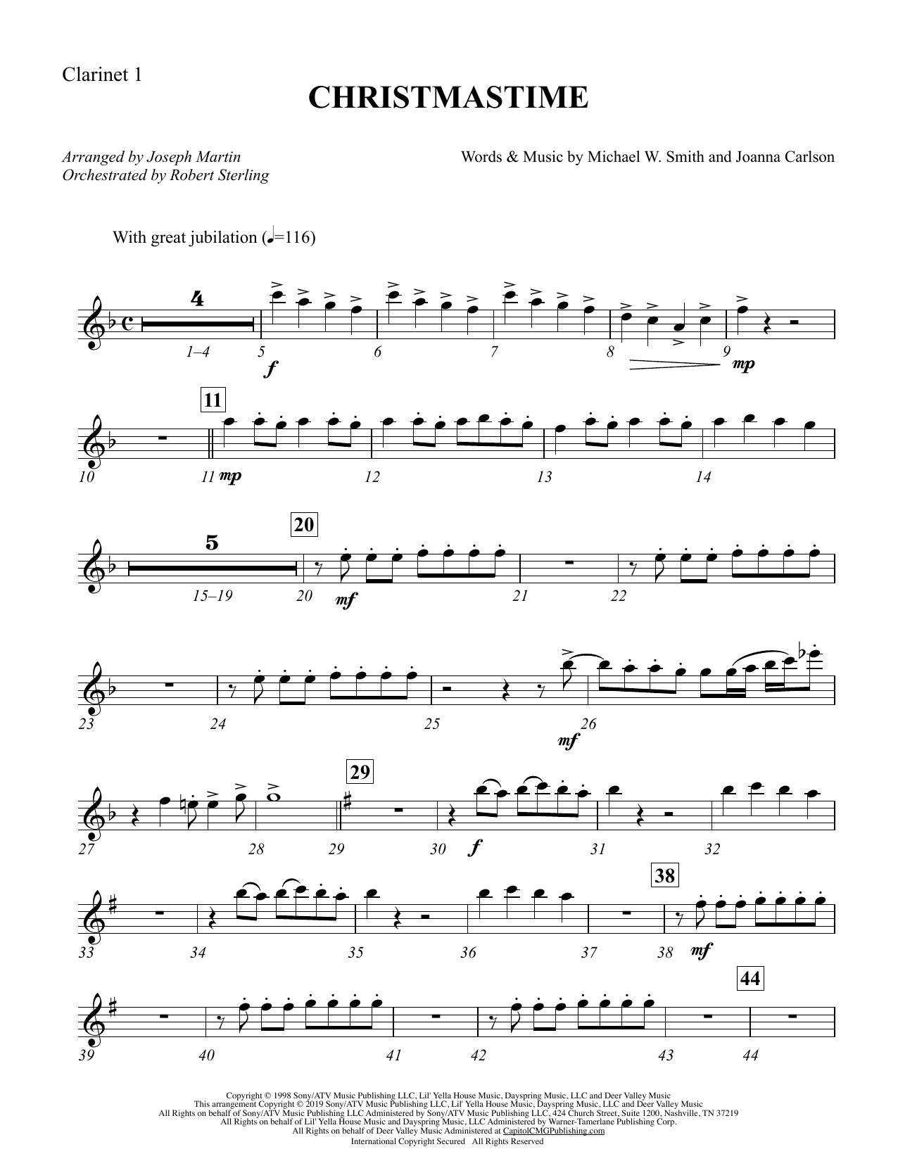 Michael W. Smith & Joanna Carlson Christmastime (arr. Joseph M. Martin) - Bb Clarinet 1 sheet music preview music notes and score for Choir Instrumental Pak including 3 page(s)