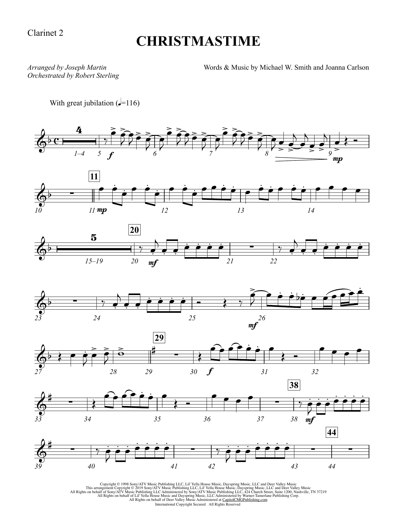 Learn to play Michael W. Smith & Joanna Carlson Christmastime (arr. Joseph M. Martin) - Bb Clarinet 2 sheet music for Choir Instrumental Pak in minutes. Michael W. Smith & Joanna Carlson Christmastime (arr. Joseph M. Martin) - Bb Clarinet 2 sheet music preview music notes and score for Choir Instrumental Pak including 3 page(s)