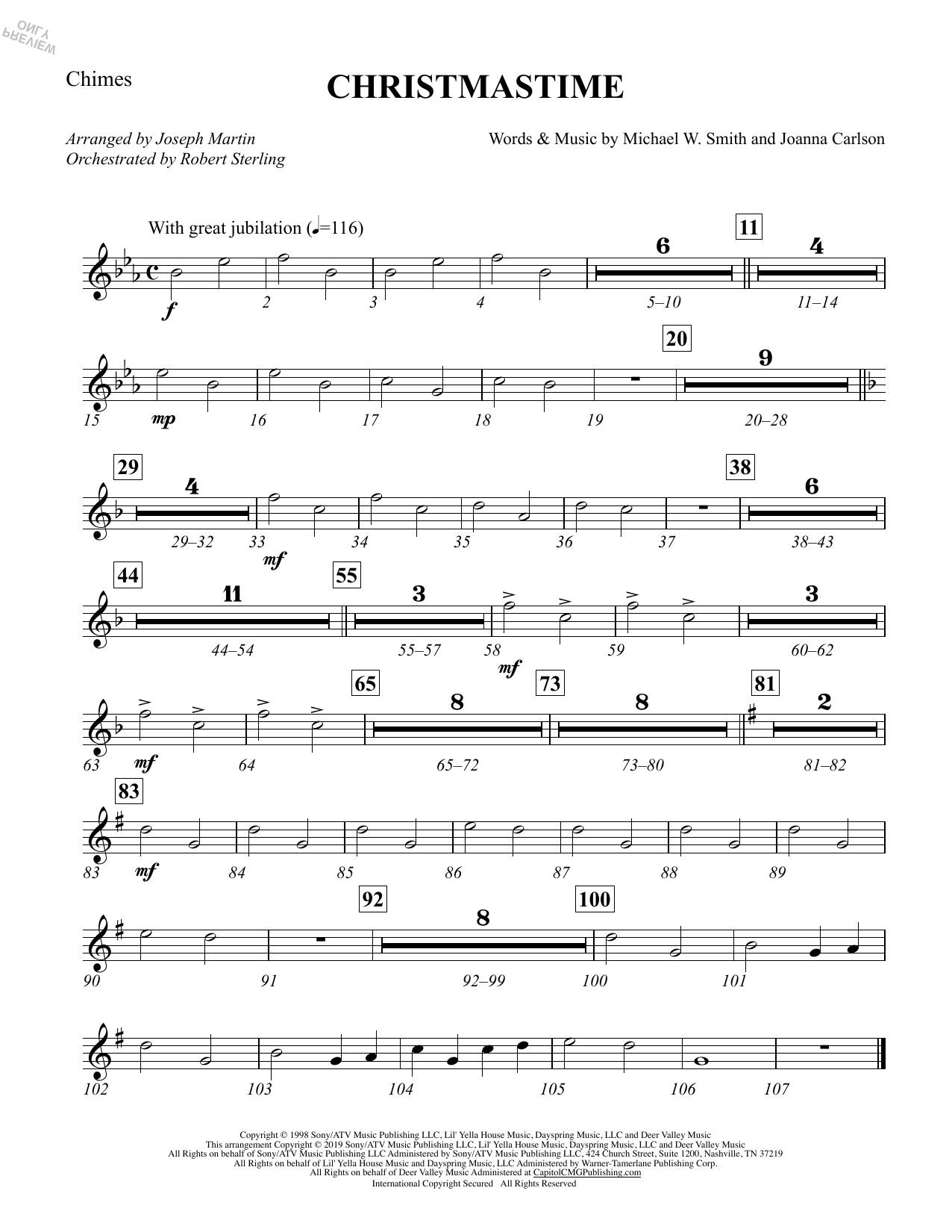Michael W. Smith & Joanna Carlson Christmastime (arr. Joseph M. Martin) - Chimes sheet music preview music notes and score for Choir Instrumental Pak including 1 page(s)