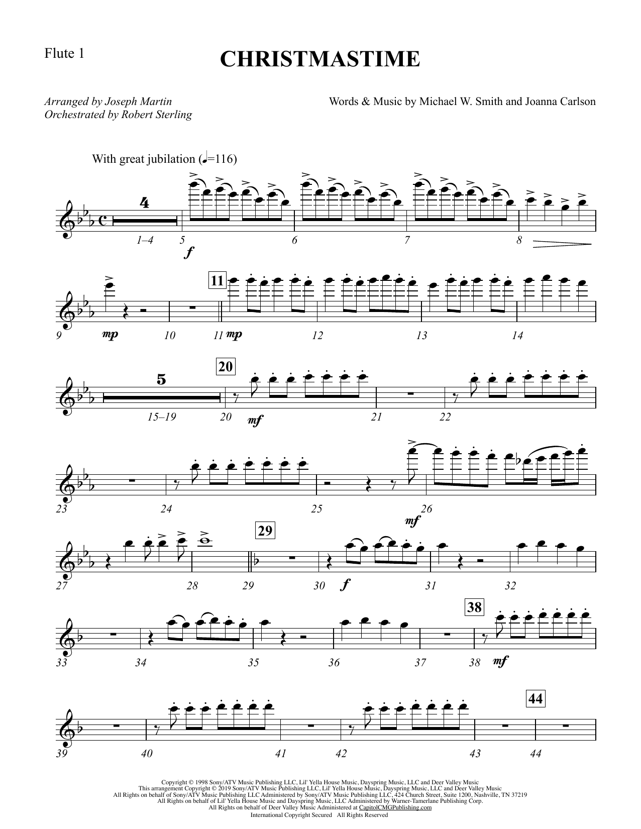 Michael W. Smith & Joanna Carlson Christmastime (arr. Joseph M. Martin) - Flute 1 sheet music preview music notes and score for Choir Instrumental Pak including 3 page(s)