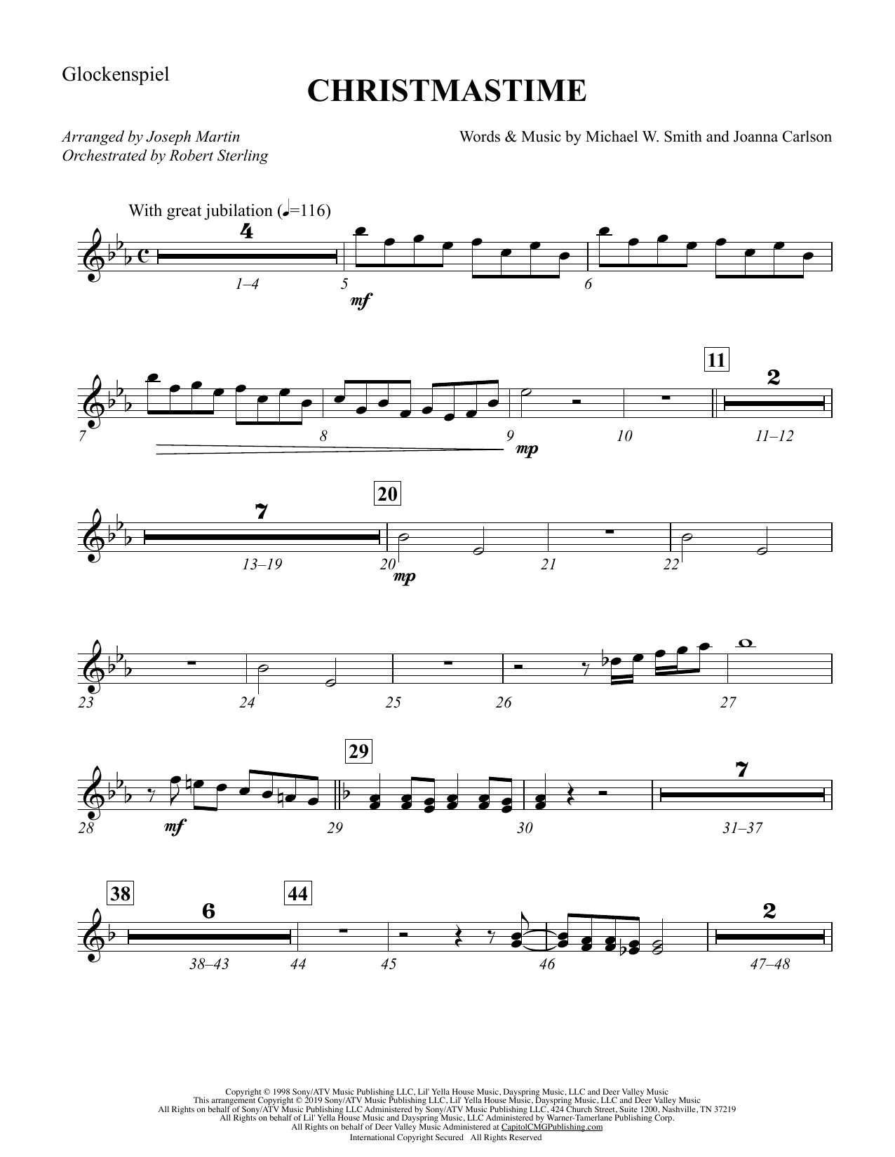 Michael W. Smith & Joanna Carlson Christmastime (arr. Joseph M. Martin) - Glockenspiel sheet music preview music notes and score for Choir Instrumental Pak including 2 page(s)