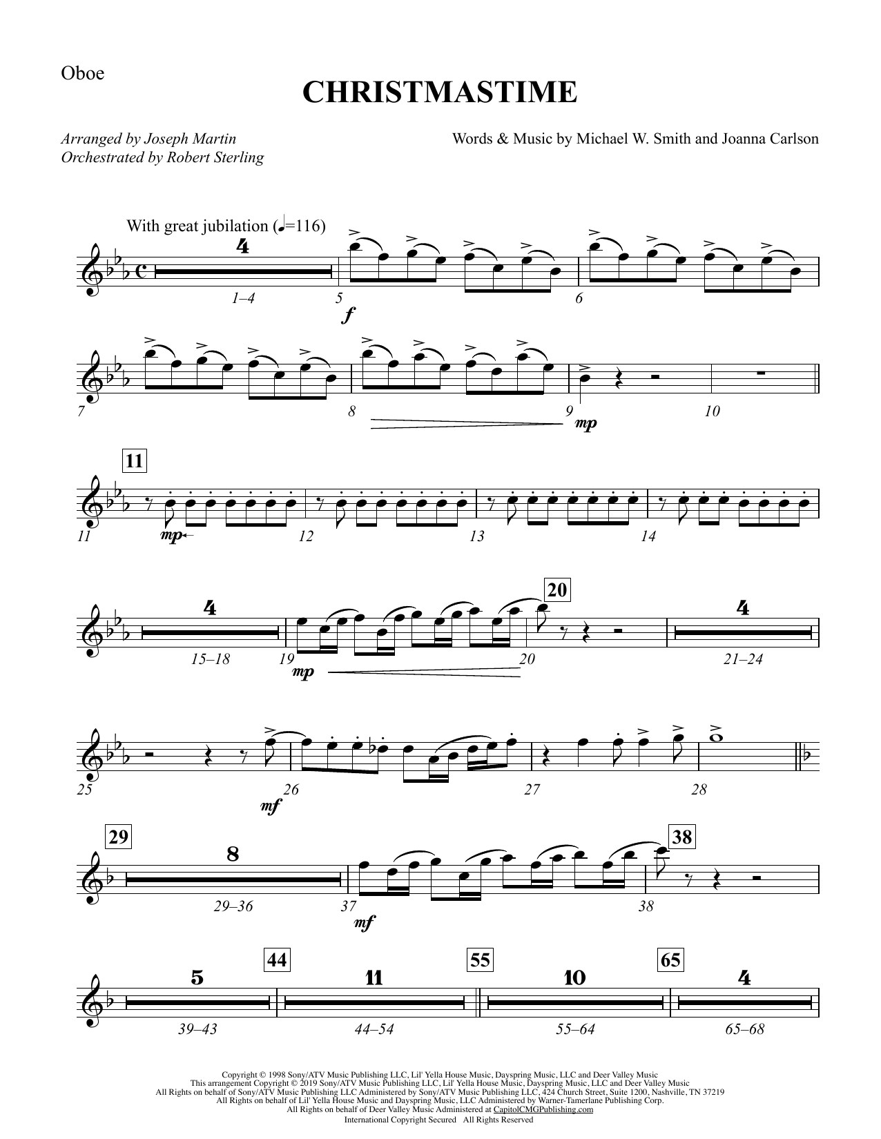 Learn to play Michael W. Smith & Joanna Carlson Christmastime (arr. Joseph M. Martin) - Oboe sheet music for Choir Instrumental Pak in minutes. Michael W. Smith & Joanna Carlson Christmastime (arr. Joseph M. Martin) - Oboe sheet music preview music notes and score for Choir Instrumental Pak including 2 page(s)
