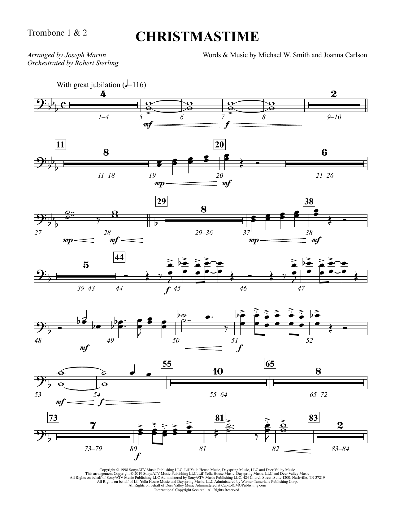 Michael W. Smith & Joanna Carlson Christmastime (arr. Joseph M. Martin) - Trombone 1 & 2 sheet music preview music notes and score for Choir Instrumental Pak including 2 page(s)