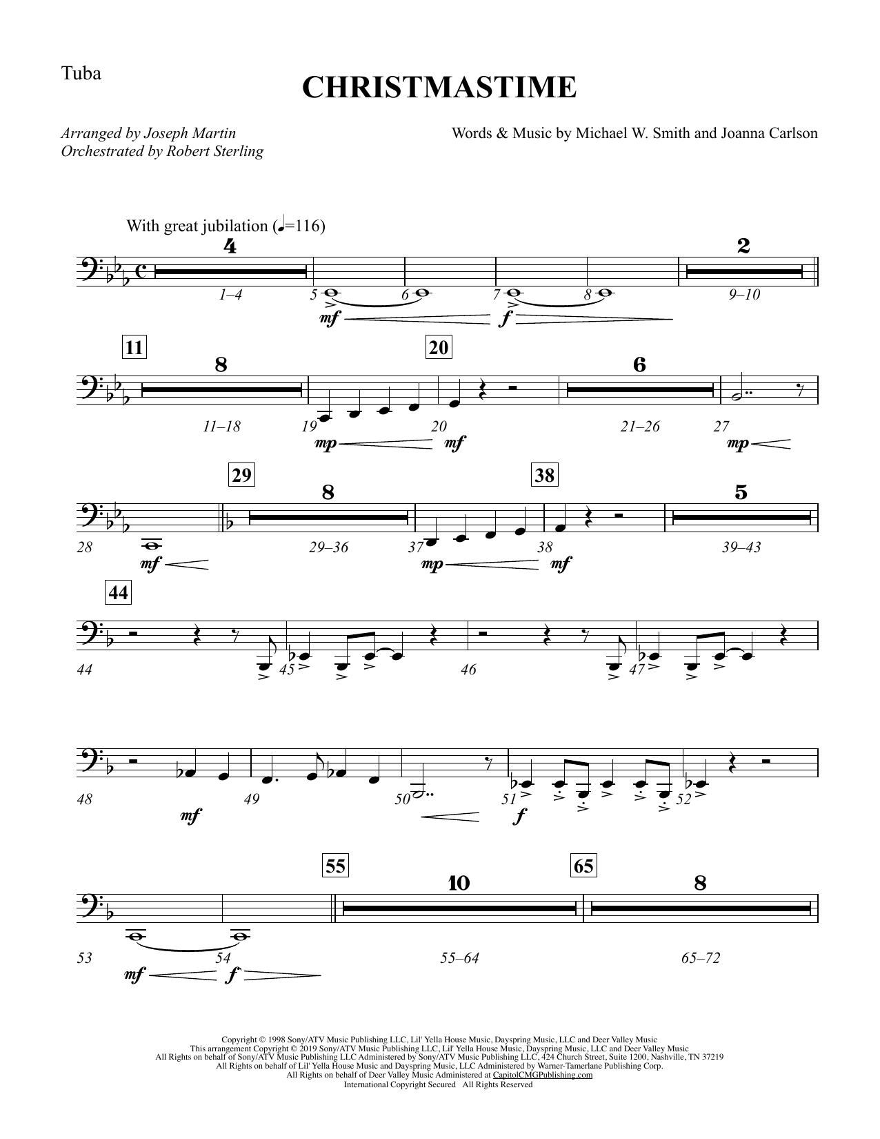 Learn to play Michael W. Smith & Joanna Carlson Christmastime (arr. Joseph M. Martin) - Tuba sheet music for Choir Instrumental Pak in minutes. Michael W. Smith & Joanna Carlson Christmastime (arr. Joseph M. Martin) - Tuba sheet music preview music notes and score for Choir Instrumental Pak including 2 page(s)