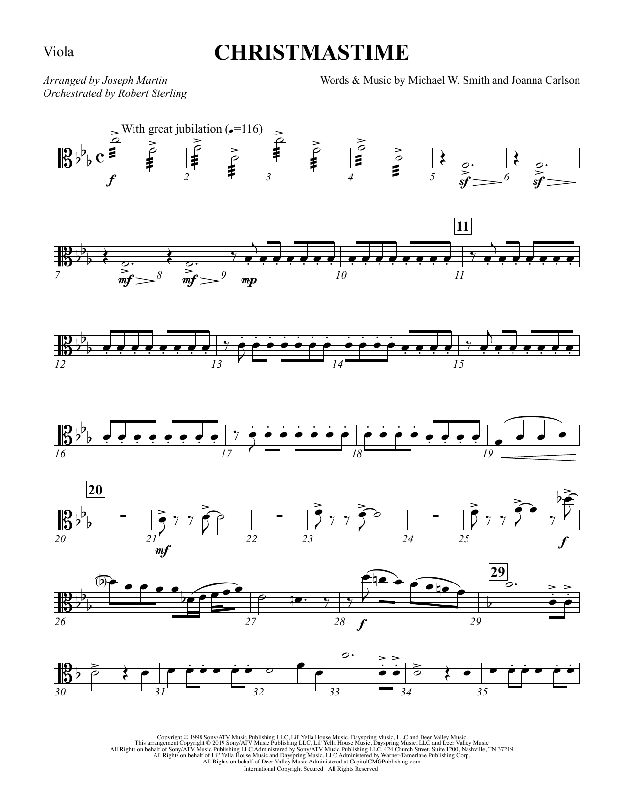 Learn to play Michael W. Smith & Joanna Carlson Christmastime (arr. Joseph M. Martin) - Viola sheet music for Choir Instrumental Pak in minutes. Michael W. Smith & Joanna Carlson Christmastime (arr. Joseph M. Martin) - Viola sheet music preview music notes and score for Choir Instrumental Pak including 3 page(s)