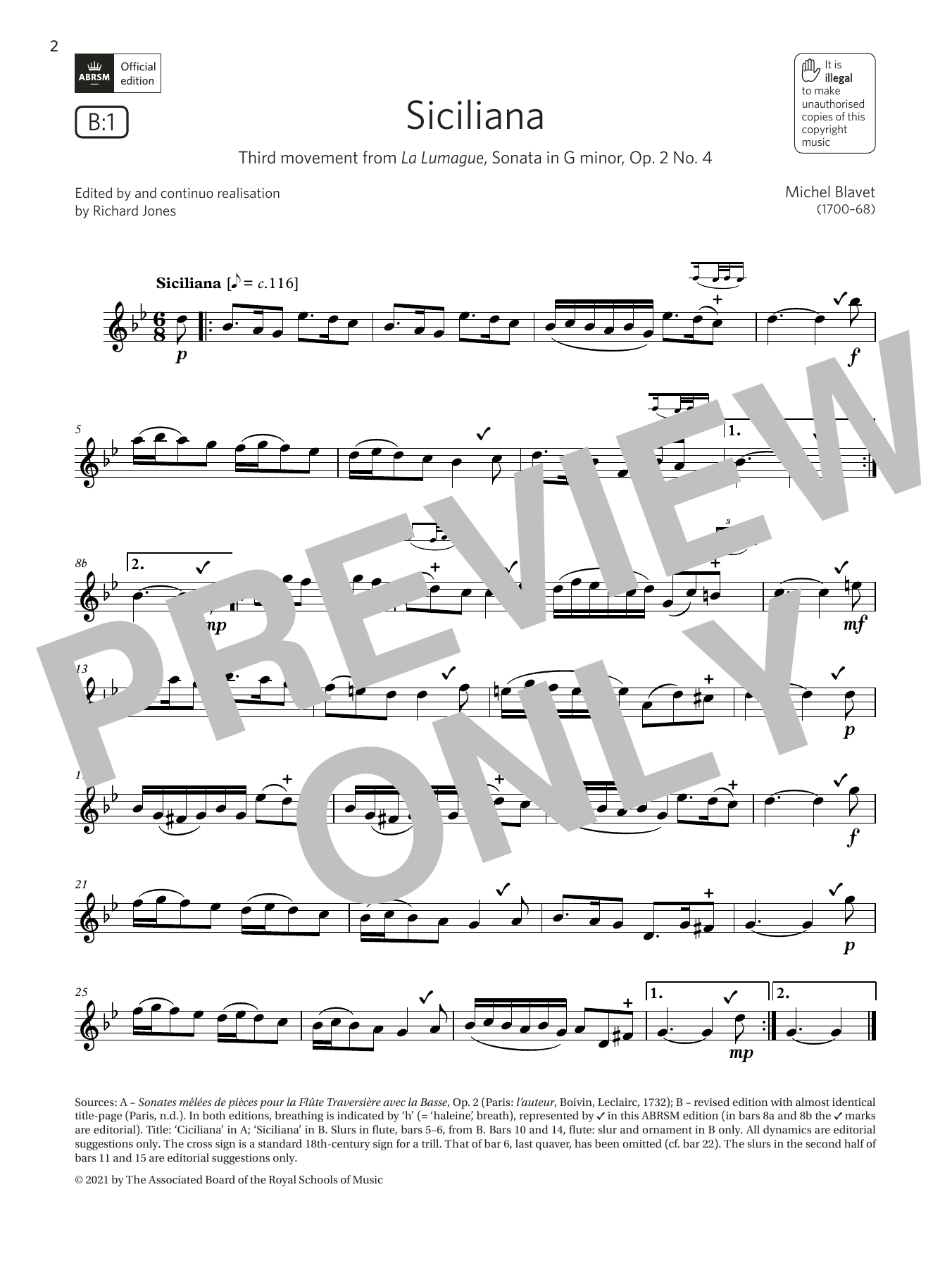 Michel Blavet Siciliana (from Sonata in G minor, Op2 No4) (Grade 4 B1 from the ABRSM Flute syllabus from 2022) sheet music, chords, lyrics - Printable PDF for Flute Solo