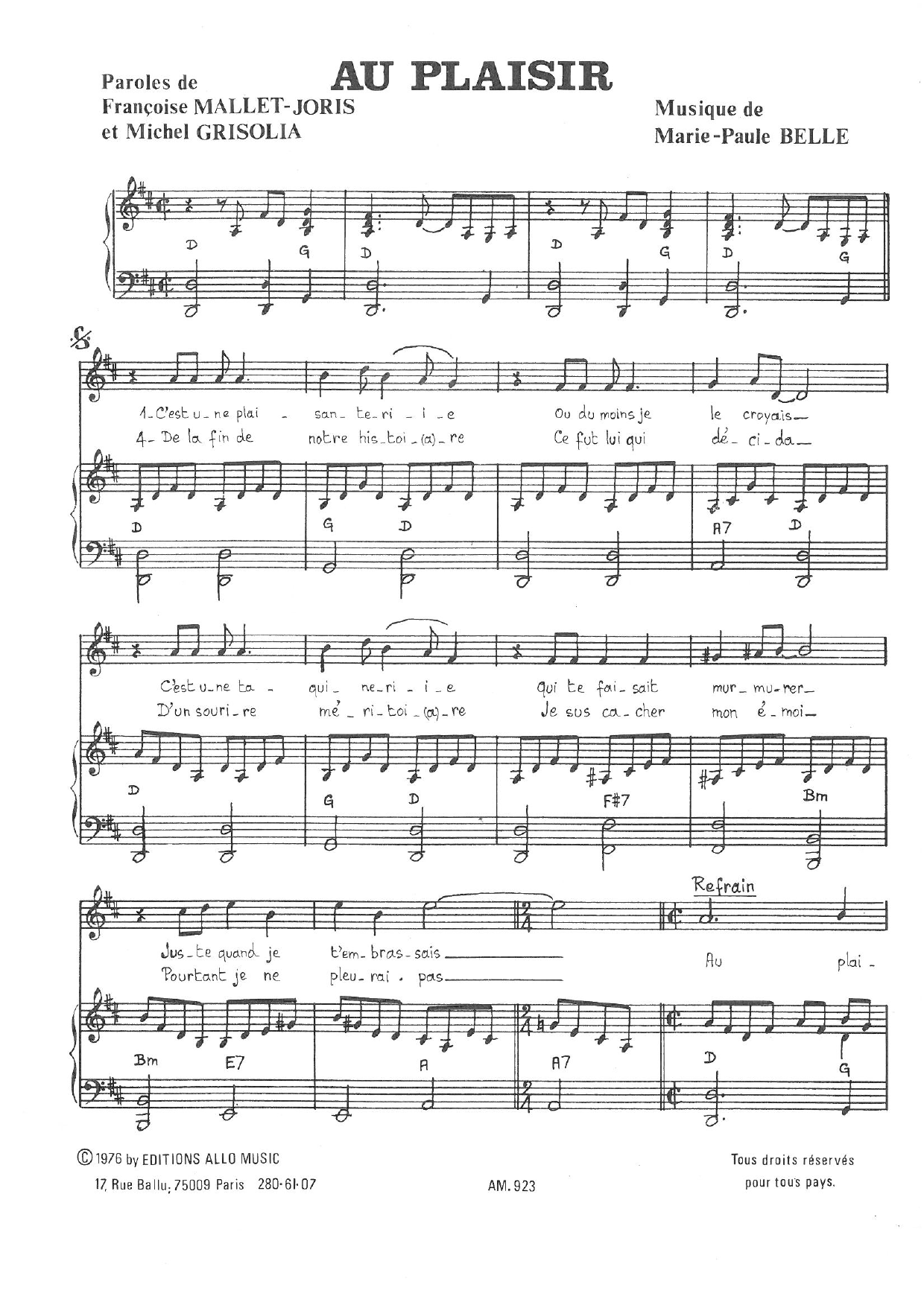 Michel Grisolia, Françoise Mallet-Joris and Marie Paule Belle Au Plaisir sheet music, chords, lyrics - Printable PDF for Piano & Vocal