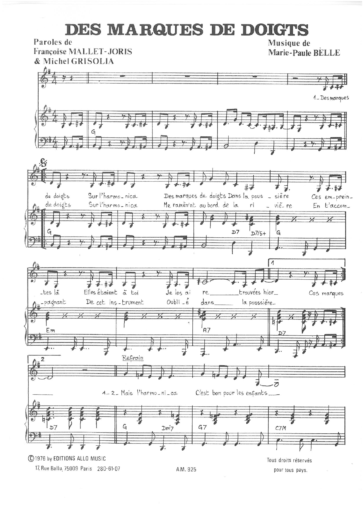 Michel Grisolia, Françoise Mallet-Joris and Marie Paule Belle Des Marques de Doigts sheet music, chords, lyrics - Printable PDF for Piano & Vocal