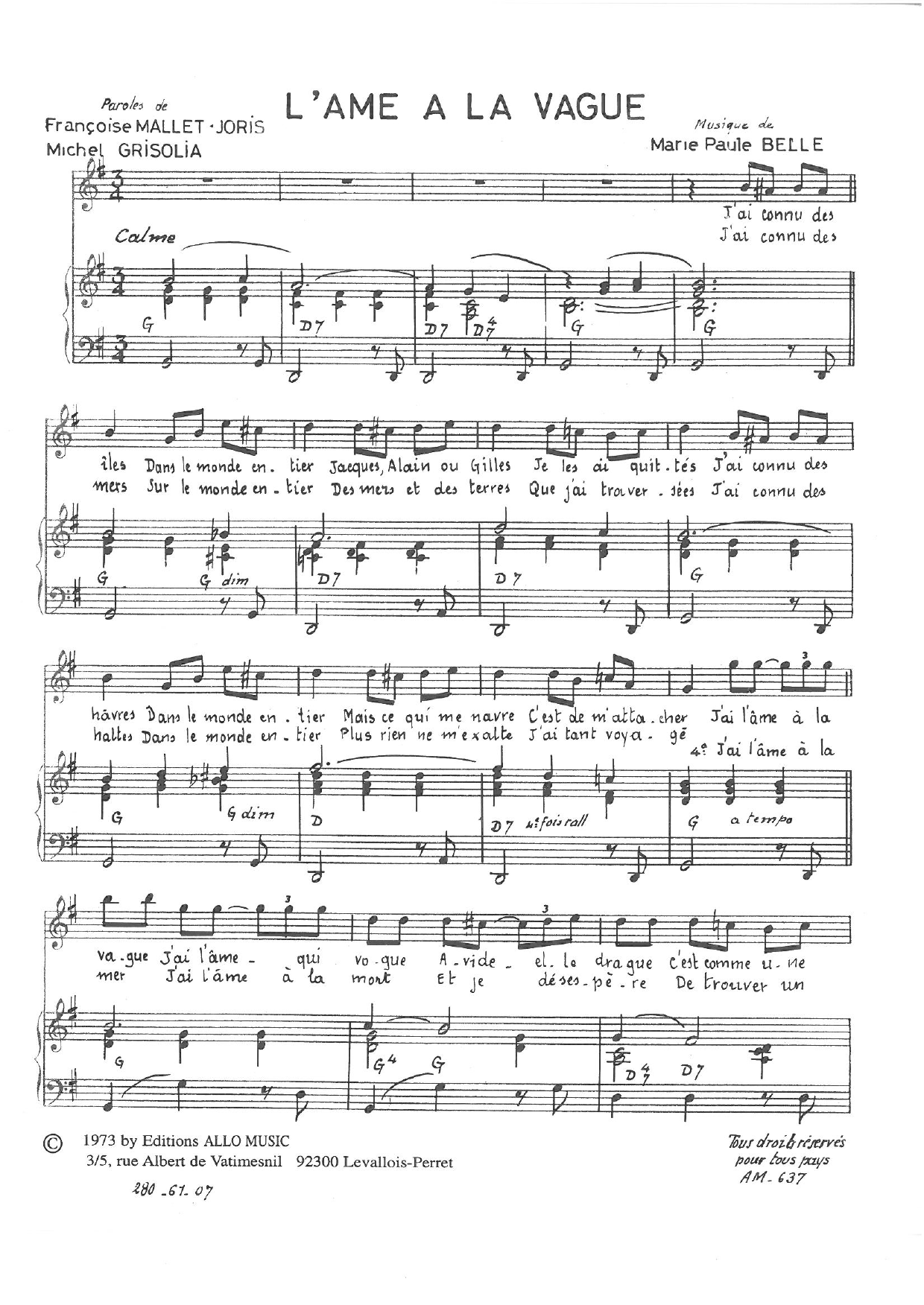 Michel Grisolia, Françoise Mallet-Joris and Marie Paule Belle L'ame A La Vague sheet music, chords, lyrics - Printable PDF for Piano & Vocal