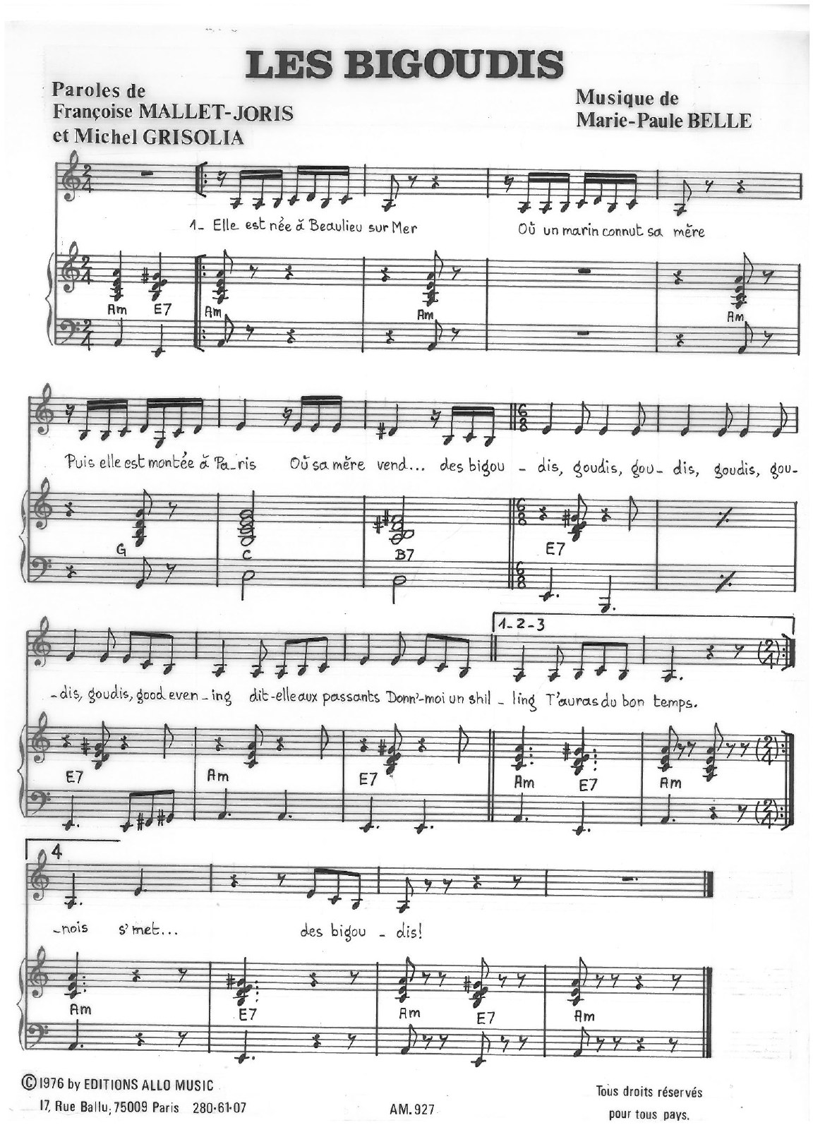 Michel Grisolia, Françoise Mallet-Joris, Marie Paule Belle Les Bigoudis sheet music, chords, lyrics - Printable PDF for Piano & Vocal