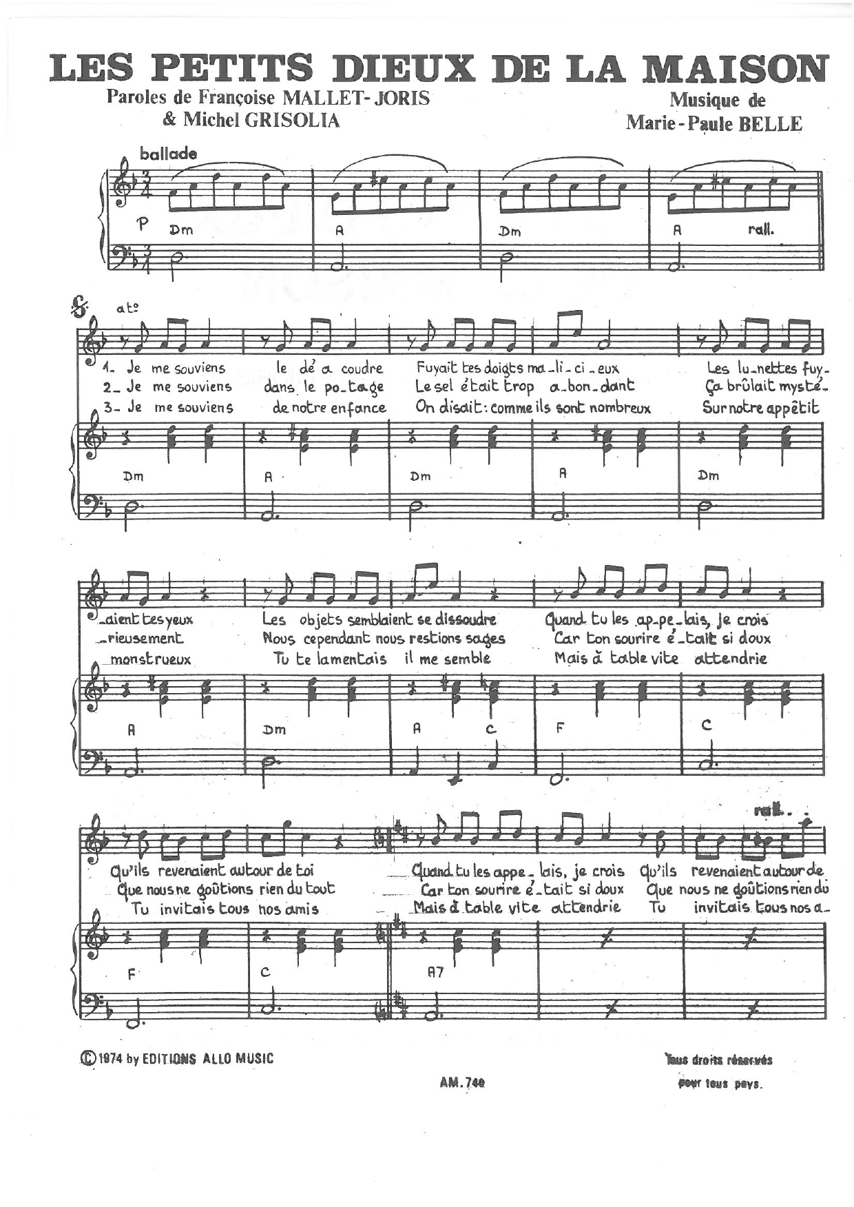 Michel Grisolia, Françoise Mallet-Joris, Marie Paule Belle Les Petits Dieux De La Maison sheet music, chords, lyrics - Printable PDF for Piano & Vocal