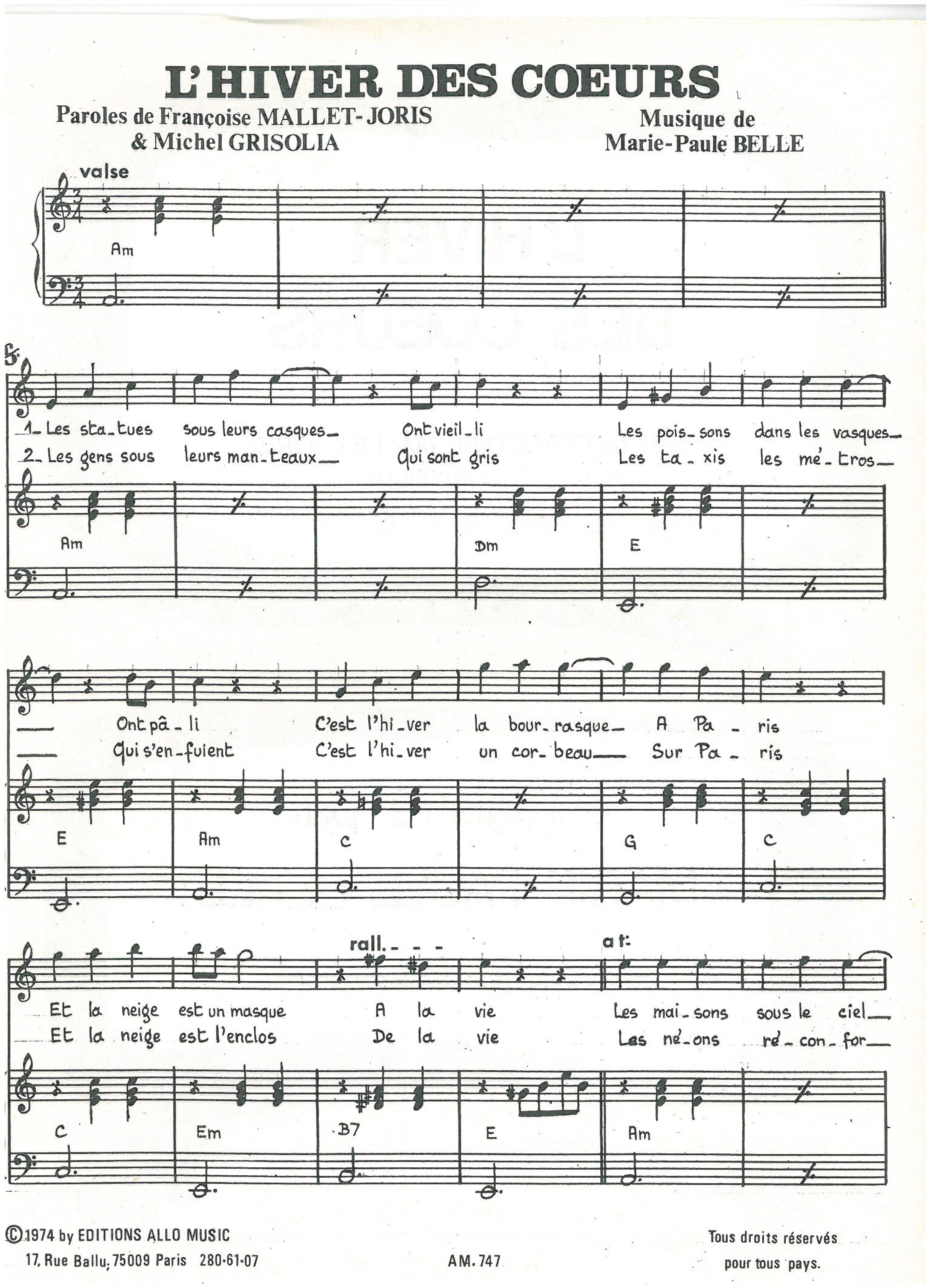 Michel Grisolia, Françoise Mallet-Joris, Marie Paule Belle L'hiver Des Coeurs sheet music, chords, lyrics - Printable PDF for Piano & Vocal