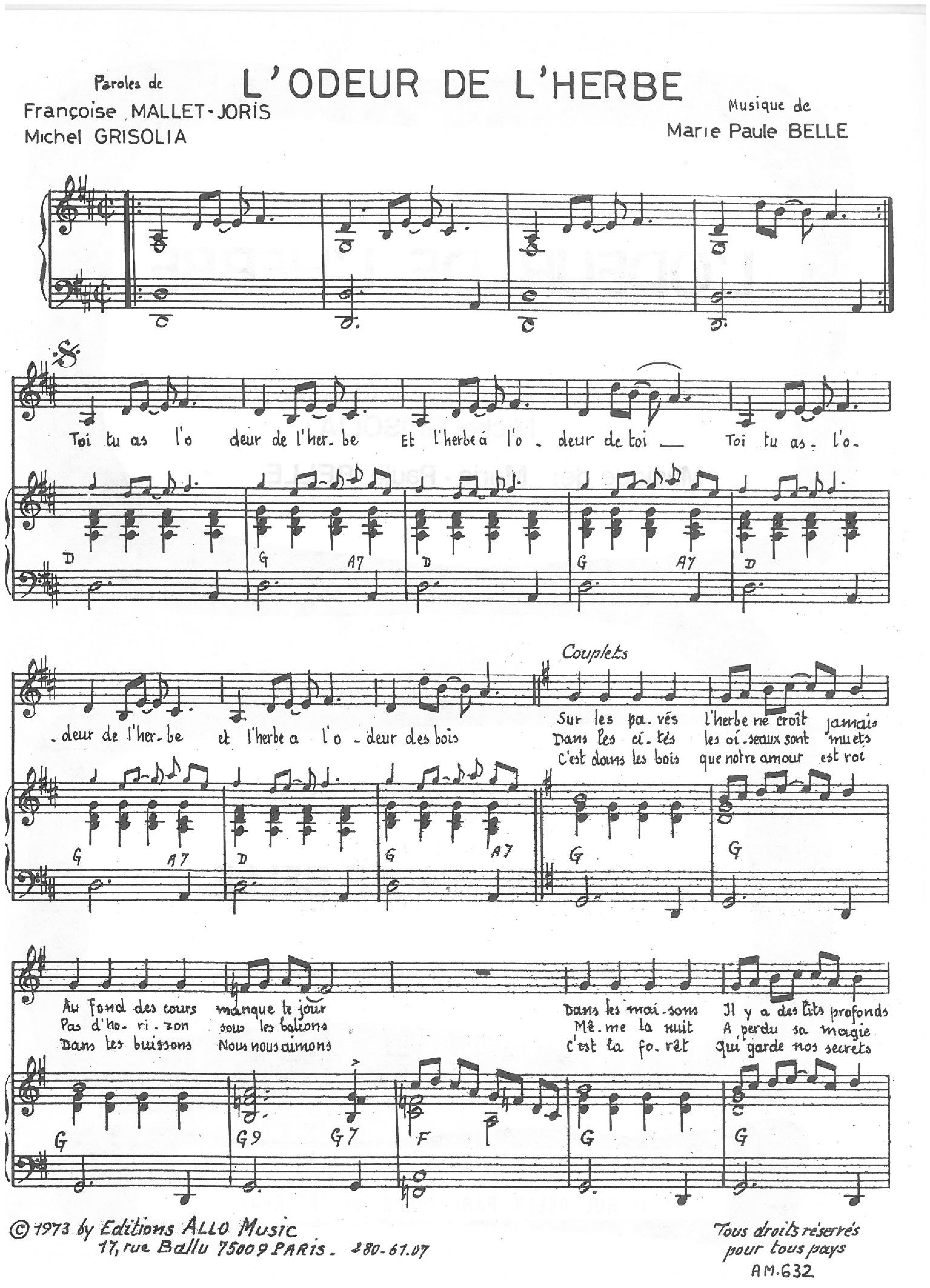 Michel Grisolia, Françoise Mallet-Joris, Marie Paule Belle L'Odeur De L'herbe sheet music, chords, lyrics - Printable PDF for Piano & Vocal