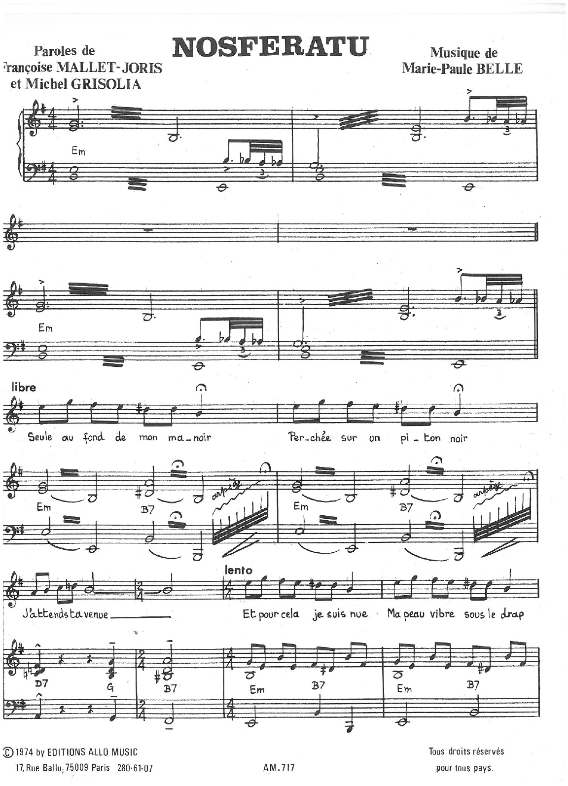 Michel Grisolia, Françoise Mallet-Joris, Marie Paule Belle Nosferatu sheet music, chords, lyrics - Printable PDF for Piano & Vocal