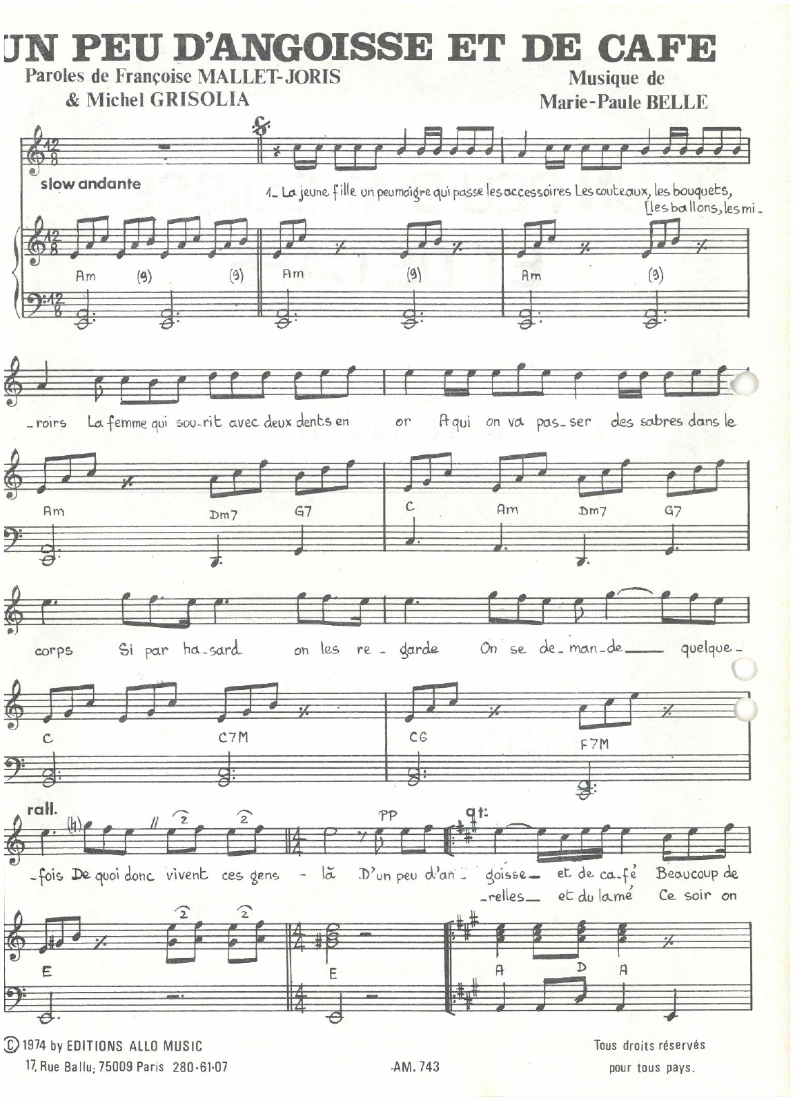 Michel Grisolia, Françoise Mallet-Joris, Marie Paule Belle Un Peu D'angoisse Et De Cafe sheet music, chords, lyrics - Printable PDF for Piano & Vocal