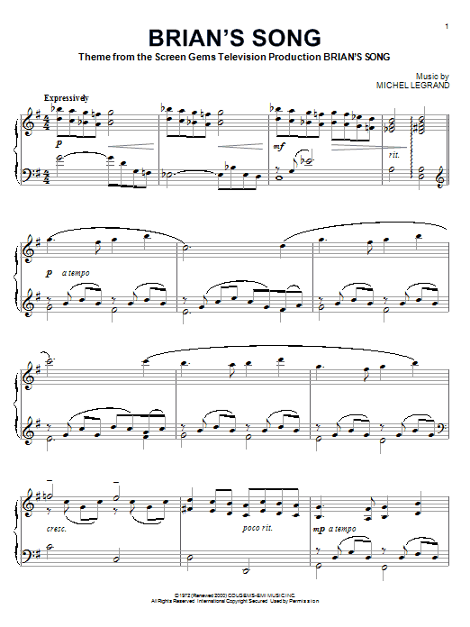 Learn to play Michel Legrand Brian's Song sheet music for Piano in minutes. Michel Legrand Brian's Song sheet music preview music notes and score for Piano including 3 page(s)