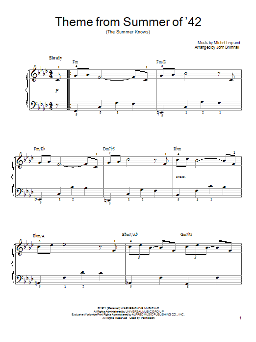 Learn to play Michel Legrand Theme From Summer Of '42 (The Summer Knows) sheet music for Easy Piano in minutes. Michel Legrand Theme From Summer Of '42 (The Summer Knows) sheet music preview music notes and score for Easy Piano including 3 page(s)