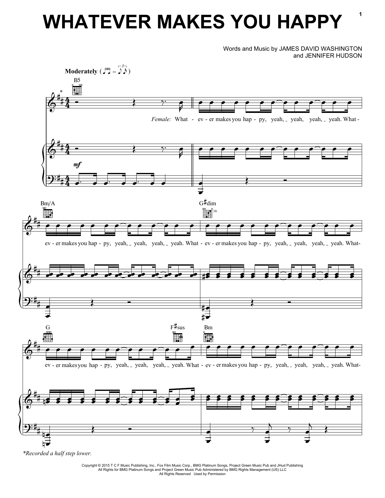 Learn to play Jennifer Hudson Whatever Makes You Happy (feat. Juicy J) sheet music for Piano, Vocal & Guitar (Right-Hand Melody) in minutes. Jennifer Hudson Whatever Makes You Happy (feat. Juicy J) sheet music preview music notes and score for Piano, Vocal & Guitar (Right-Hand Melody) including 7 page(s)