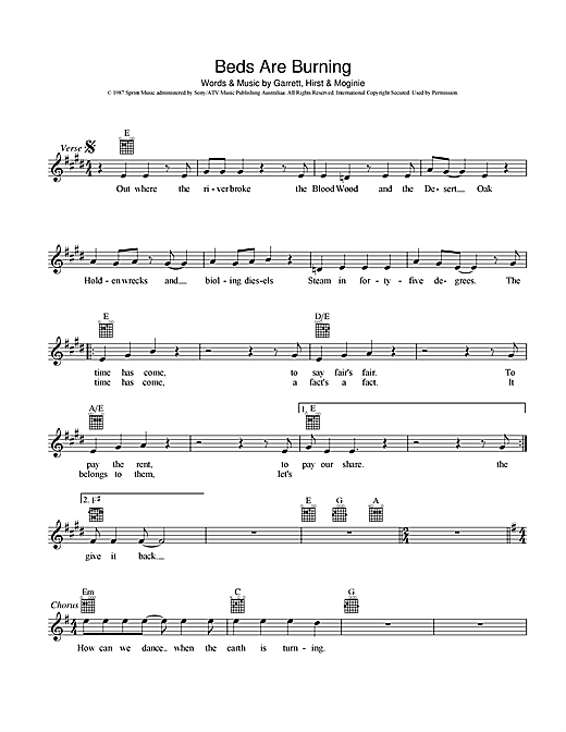 Learn to play Midnight Oil Beds Are Burning sheet music for Melody Line, Lyrics & Chords in minutes. Midnight Oil Beds Are Burning sheet music preview music notes and score for Melody Line, Lyrics & Chords including 2 page(s)