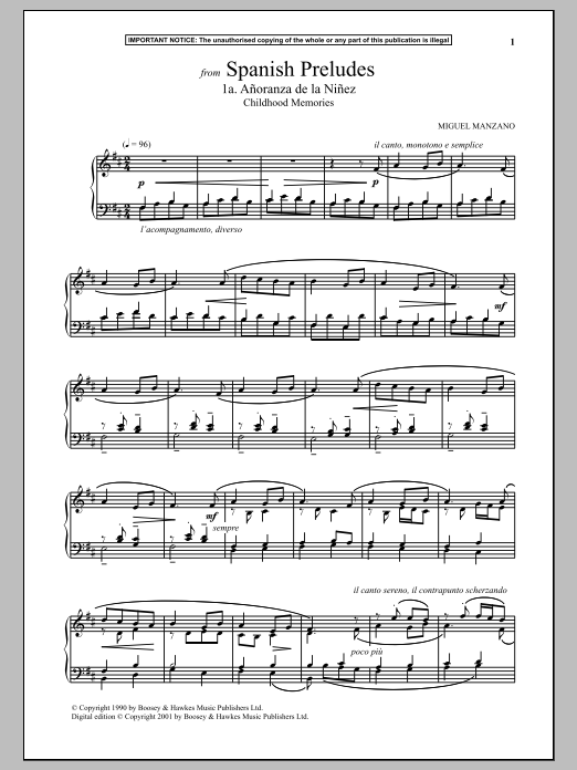 Miguel Manzano Spanish Preludes, 1a. Anoranza De La Ninez (Childhood Memories) sheet music, chords, lyrics - Printable PDF for Piano