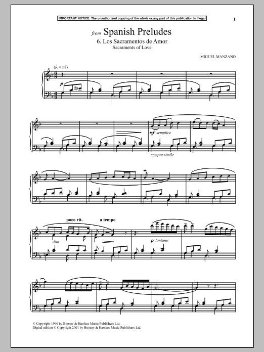 Miguel Manzano Spanish Preludes, 6. Los Sacramentos De Amor (Sacraments Of Love) sheet music, chords, lyrics - Printable PDF for Piano