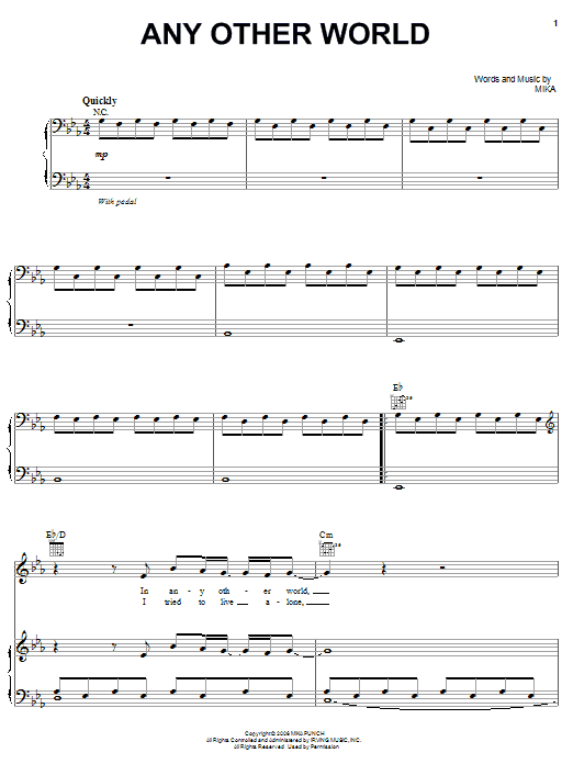 Learn to play Mika Any Other World sheet music for Piano, Vocal & Guitar (Right-Hand Melody) in minutes. Mika Any Other World sheet music preview music notes and score for Piano, Vocal & Guitar (Right-Hand Melody) including 7 page(s)