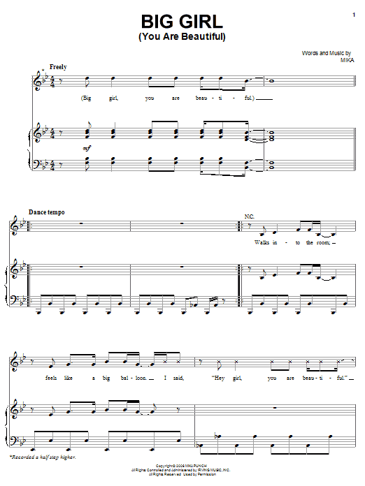 Learn to play Mika Big Girl (You Are Beautiful) sheet music for Piano, Vocal & Guitar (Right-Hand Melody) in minutes. Mika Big Girl (You Are Beautiful) sheet music preview music notes and score for Piano, Vocal & Guitar (Right-Hand Melody) including 8 page(s)