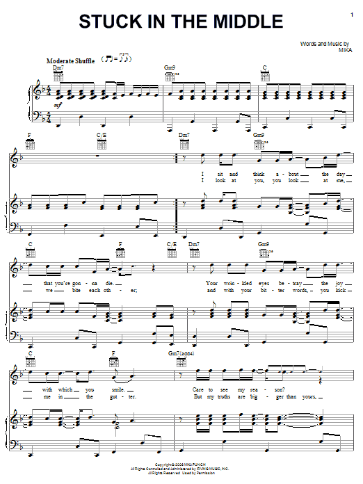 Learn to play Mika Stuck In The Middle sheet music for Piano, Vocal & Guitar (Right-Hand Melody) in minutes. Mika Stuck In The Middle sheet music preview music notes and score for Piano, Vocal & Guitar (Right-Hand Melody) including 5 page(s)