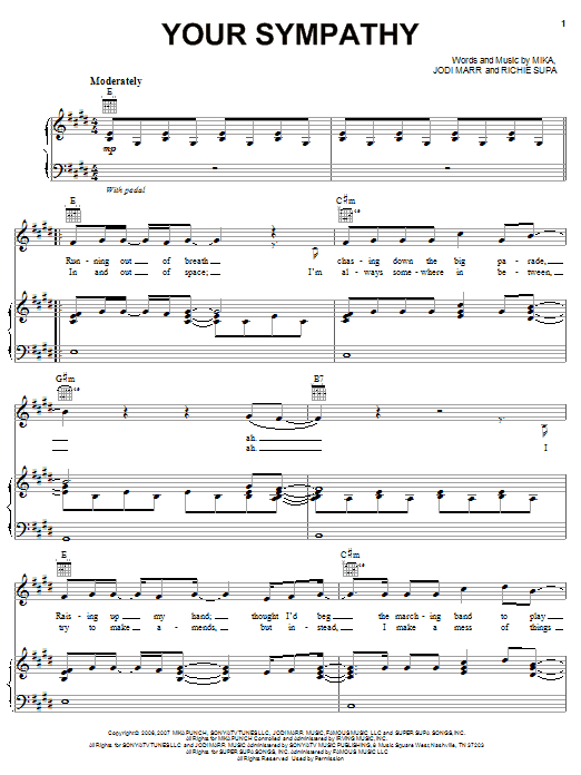 Learn to play Mika Your Sympathy sheet music for Piano, Vocal & Guitar (Right-Hand Melody) in minutes. Mika Your Sympathy sheet music preview music notes and score for Piano, Vocal & Guitar (Right-Hand Melody) including 5 page(s)