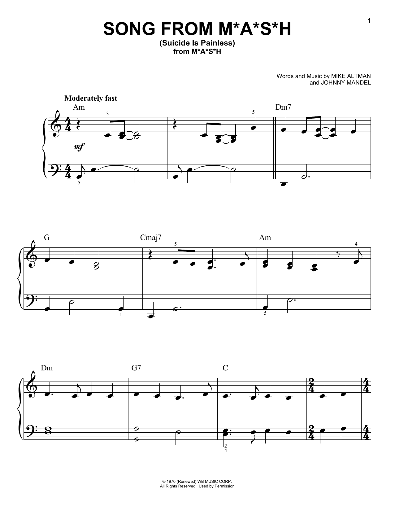 Mike Altman and Johnny Mandel Song From M*A*S*H (Suicide Is Painless) sheet music, chords, lyrics - Printable PDF for Very Easy Piano